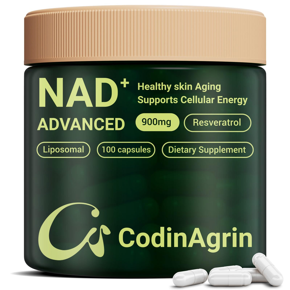 CodinAgrin NAD+ supplement bottle with Resveratrol 900mg