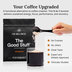 Close-up of collagen, MCT, and L-Theanine ingredients in the coffee booster
