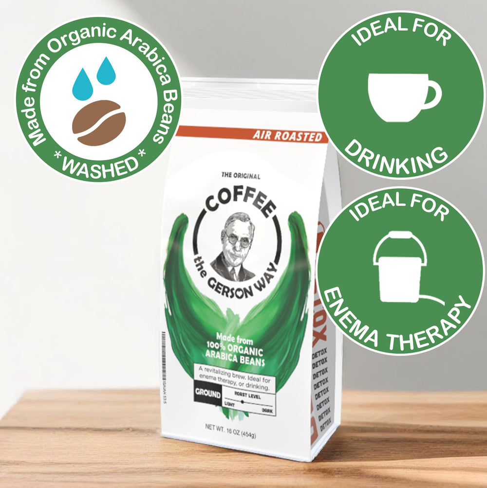 Cup of brewed The Gerson Way coffee ready to drink