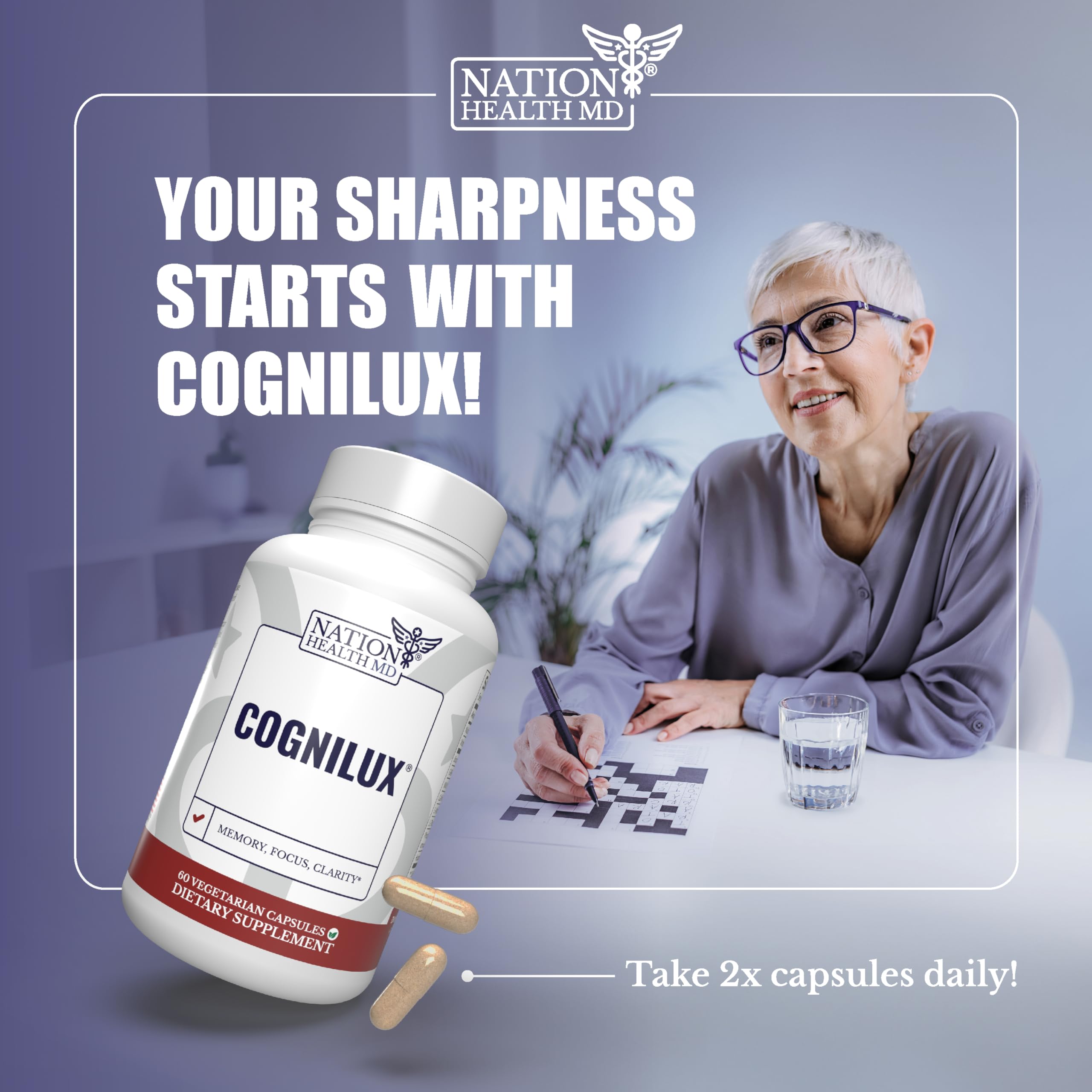 Cognilux bottle alongside a notebook and pen for a lifestyle shot