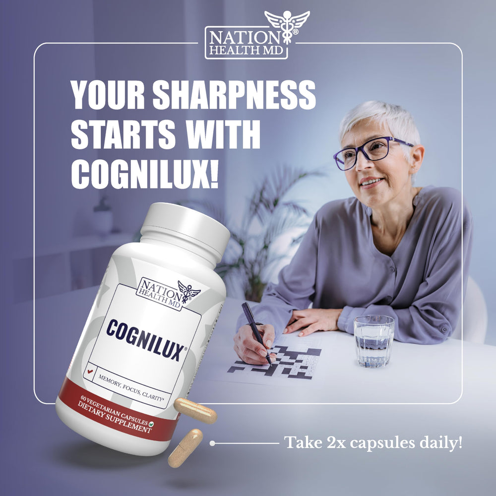 Cognilux bottle alongside a notebook and pen for a lifestyle shot