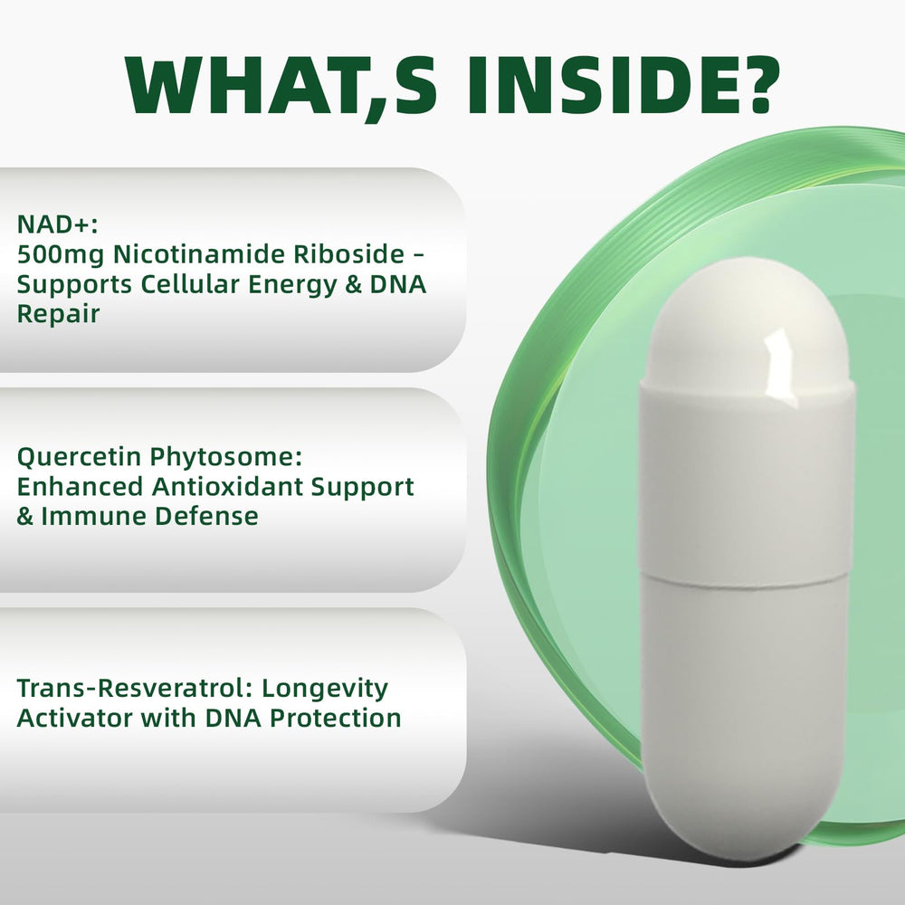 Cognitive clarity support from NAD+ and antioxidants.