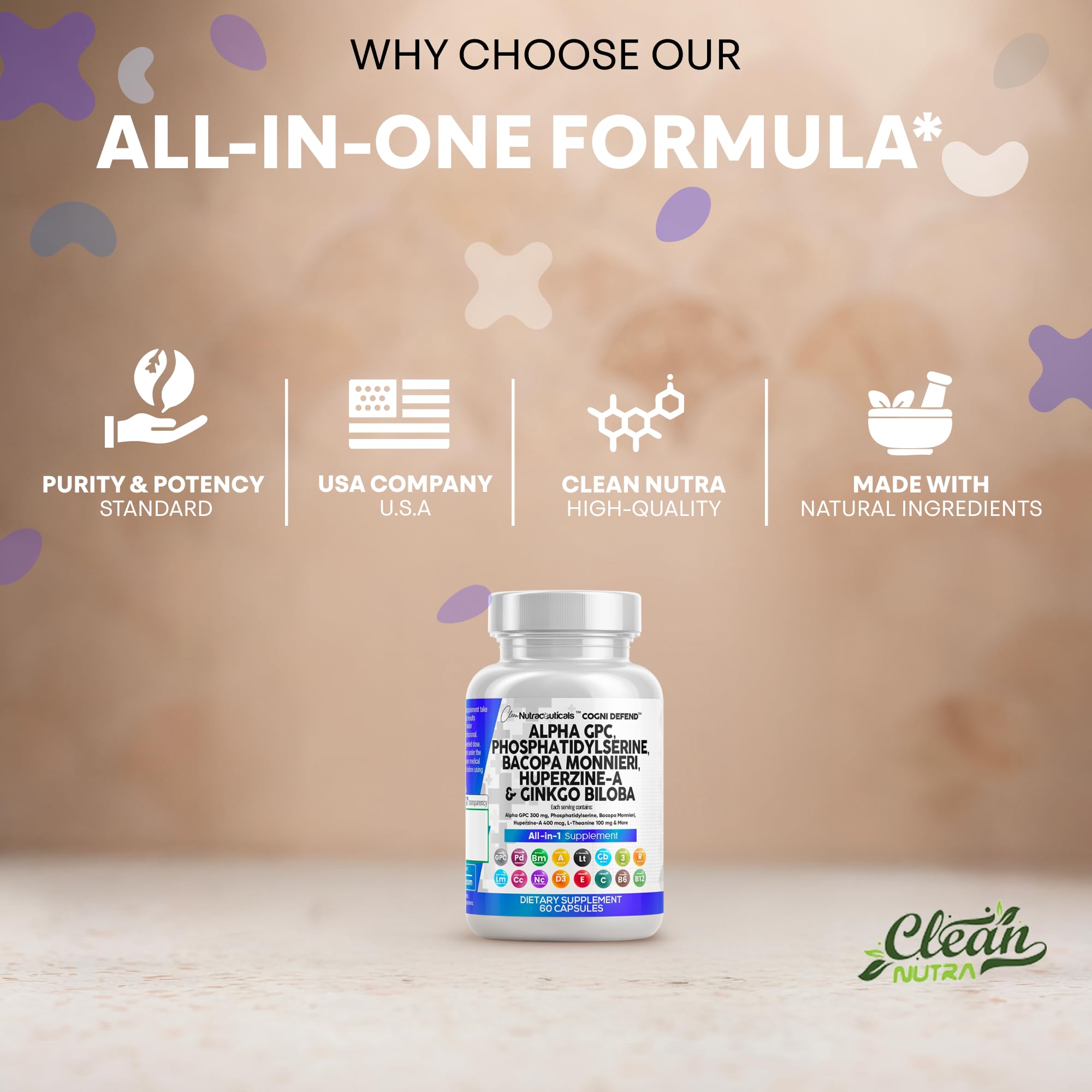 Cognitive support supplement produced in USA facility.