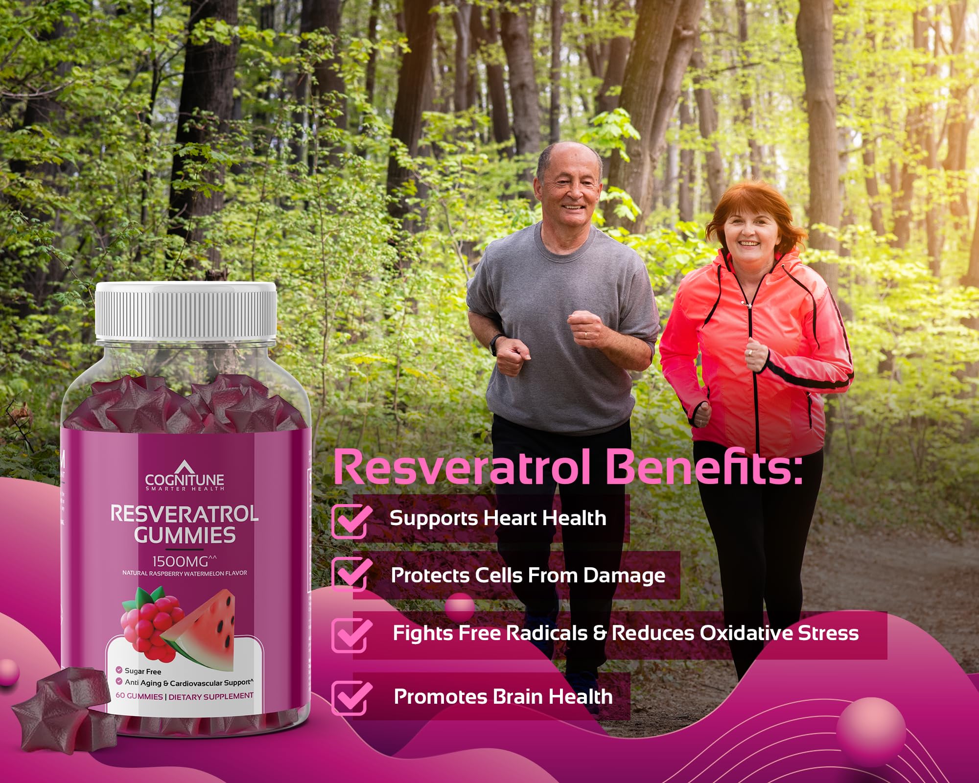 Raspberry-watermelon flavored CogniTune Resveratrol Gummies