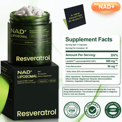 Liposomal NR and resveratrol supplement packaging