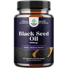 Box and bottle of cold pressed black seed oil capsules