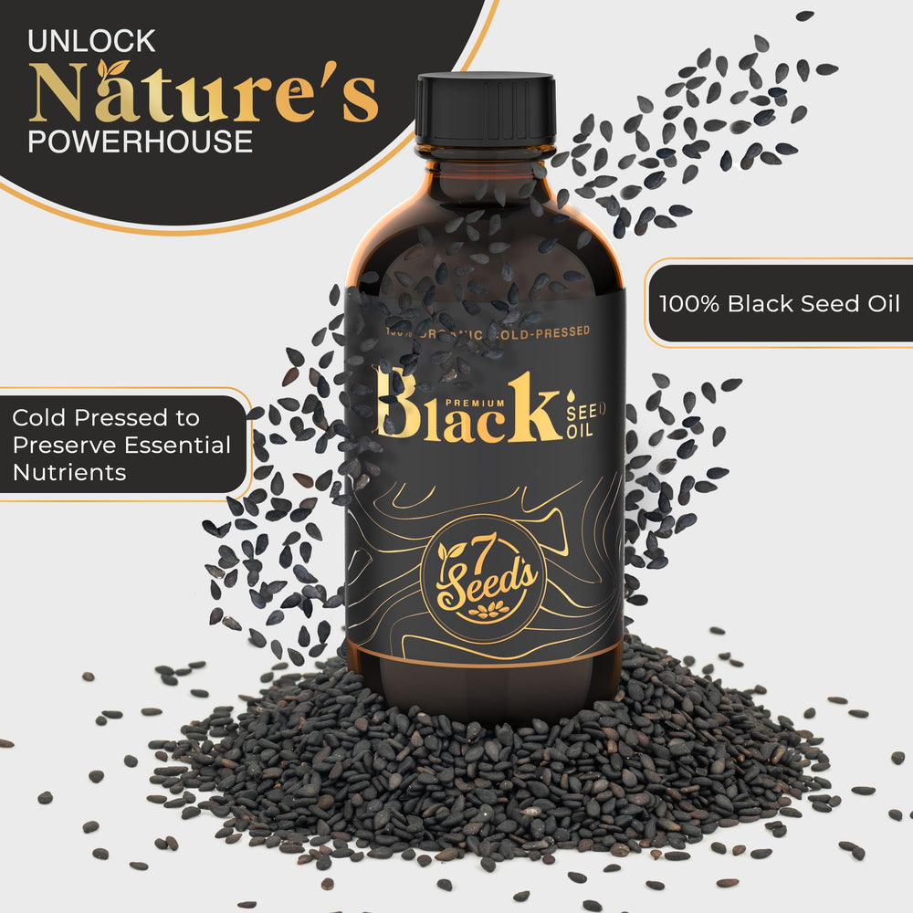 Close-up of the black seed oil bottle label featuring Nigella sativa