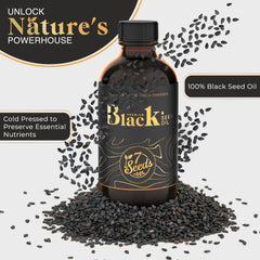 Close-up of the black seed oil bottle label featuring Nigella sativa