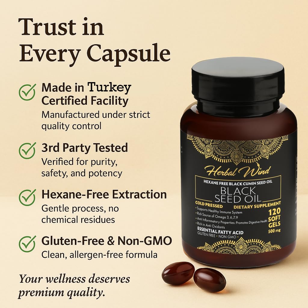 Cold-pressed black seed oil softgels with 500 mg per capsule