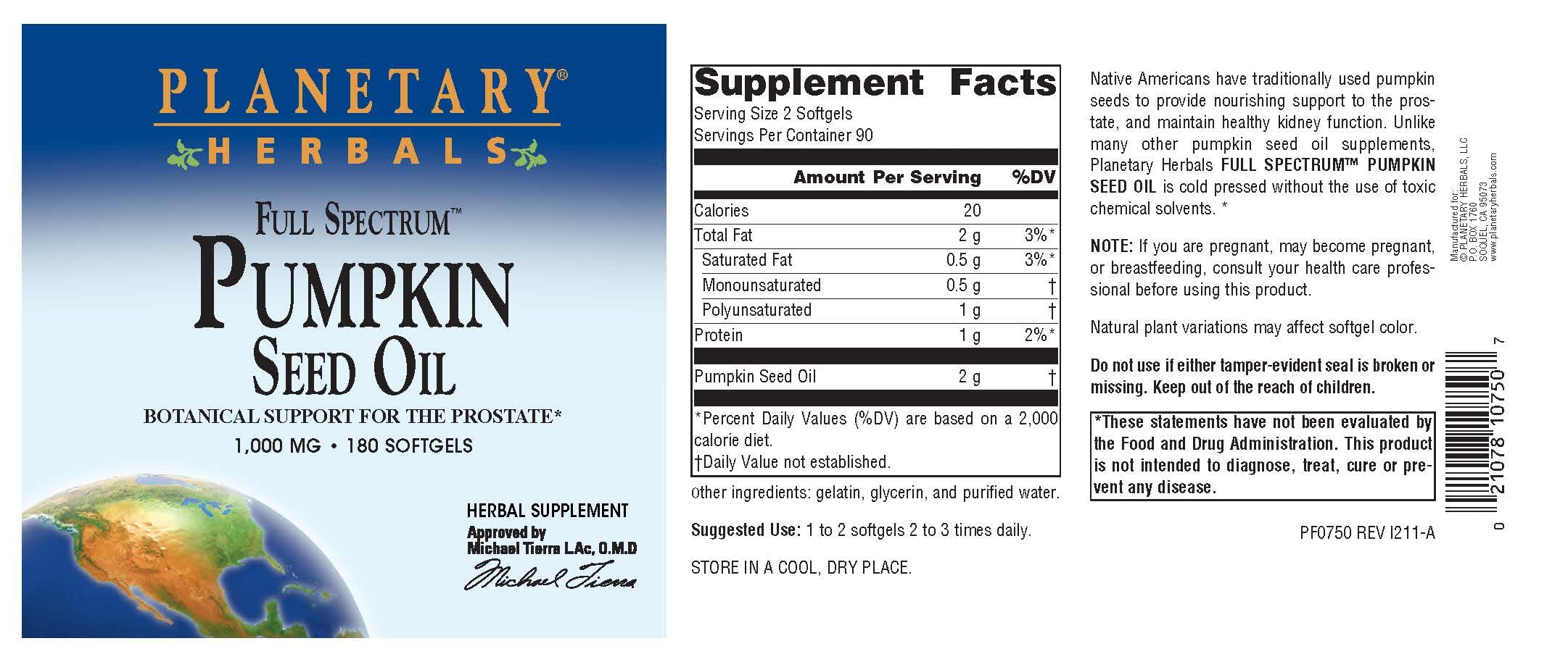 Pumpkin seed oil bottle label showing prostate support