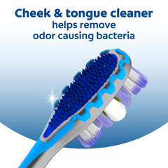 Purple floss-tip bristles reaching between teeth
