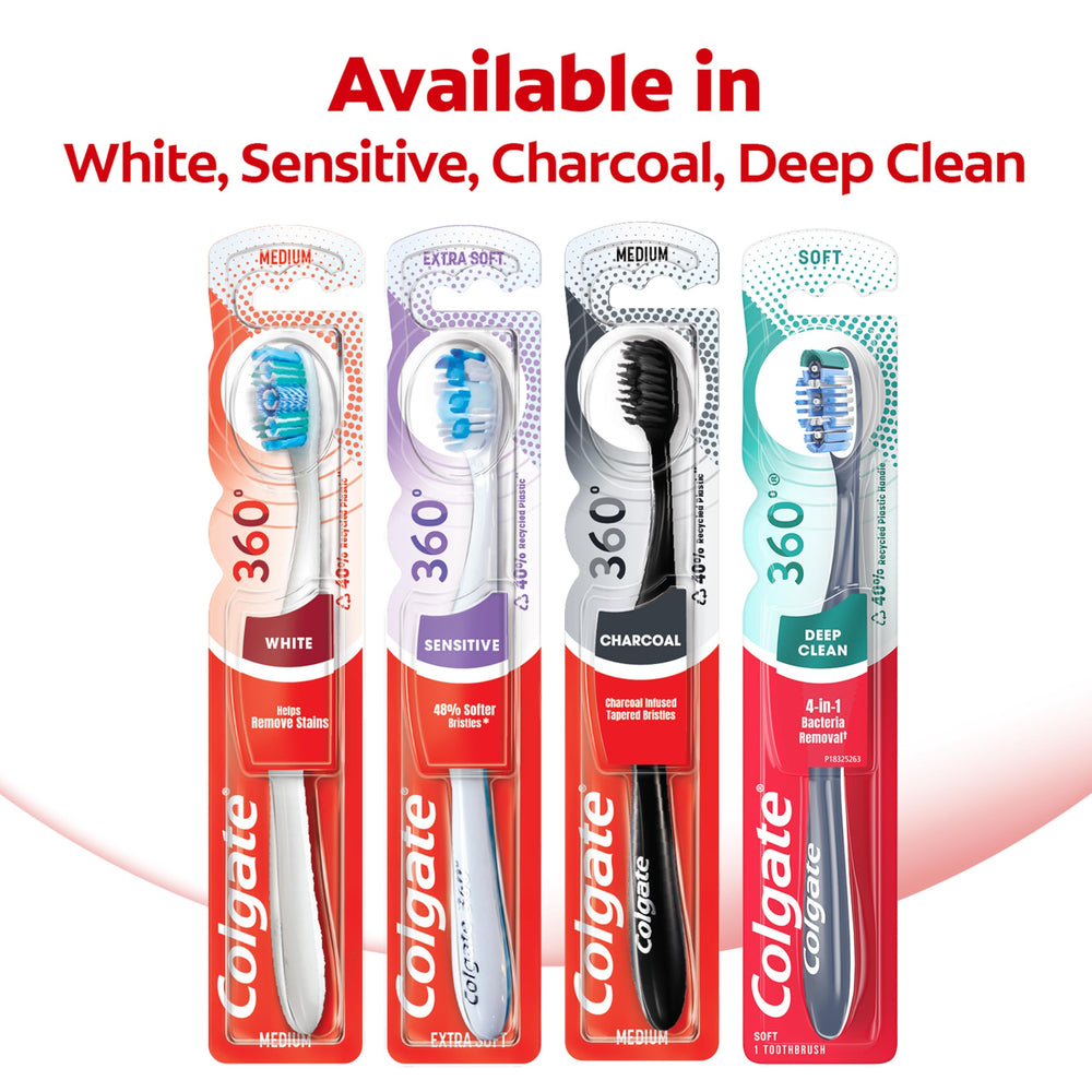 Ergonomic handle with non-slip grip on Colgate 360 Optic White Soft toothbrush