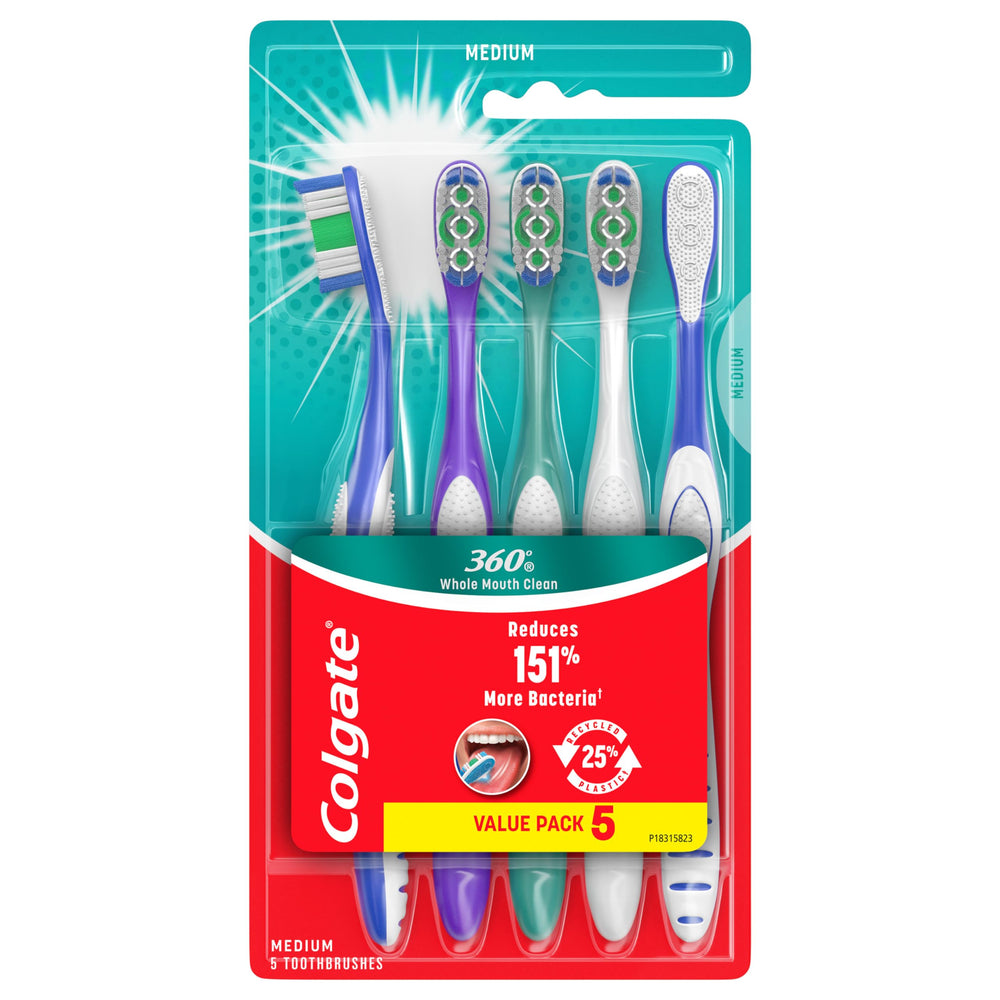Front view of Colgate 360 Whole Mouth Clean adult medium toothbrush pack of 5