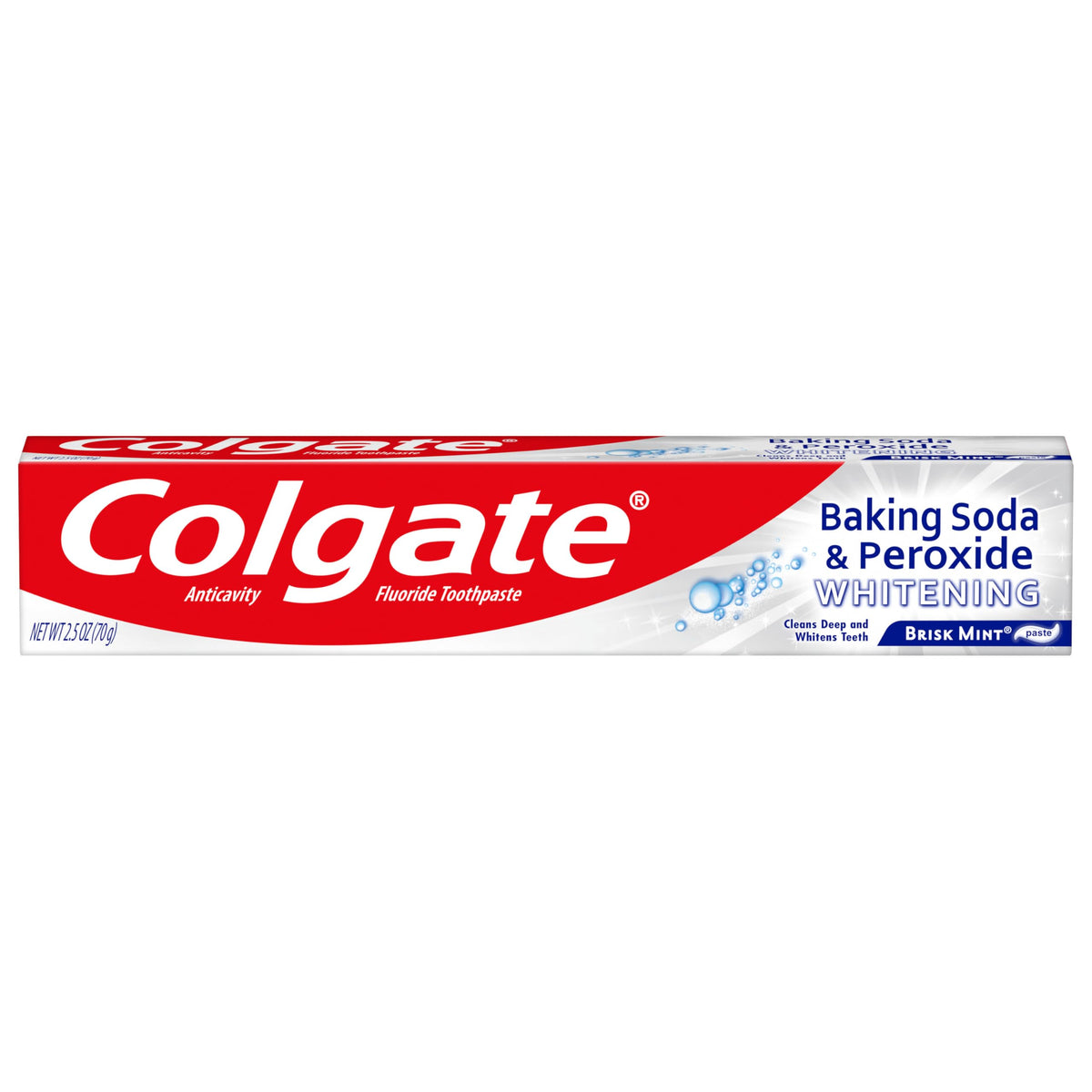 Colgate Baking Soda and Peroxide Whitening Toothpaste Brisk Mint packaging and tube