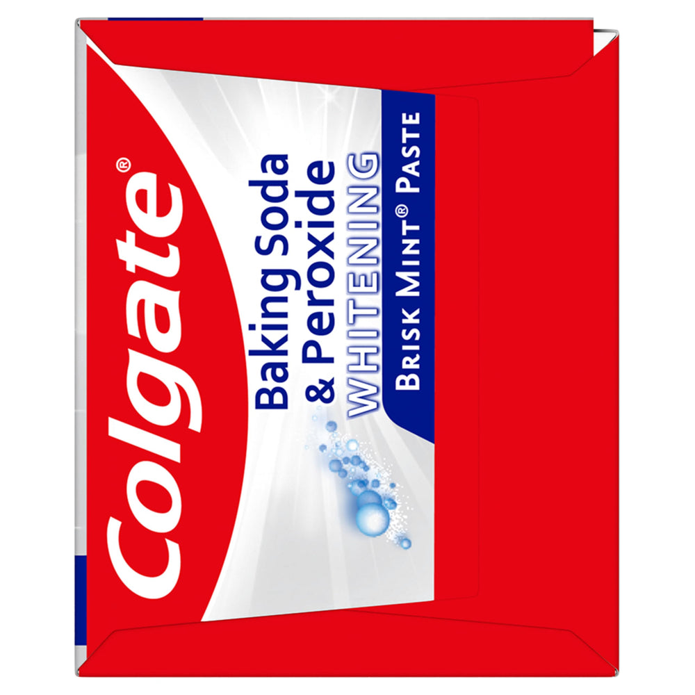 Smiling person with bright white teeth beside Colgate Brisk Mint toothpaste