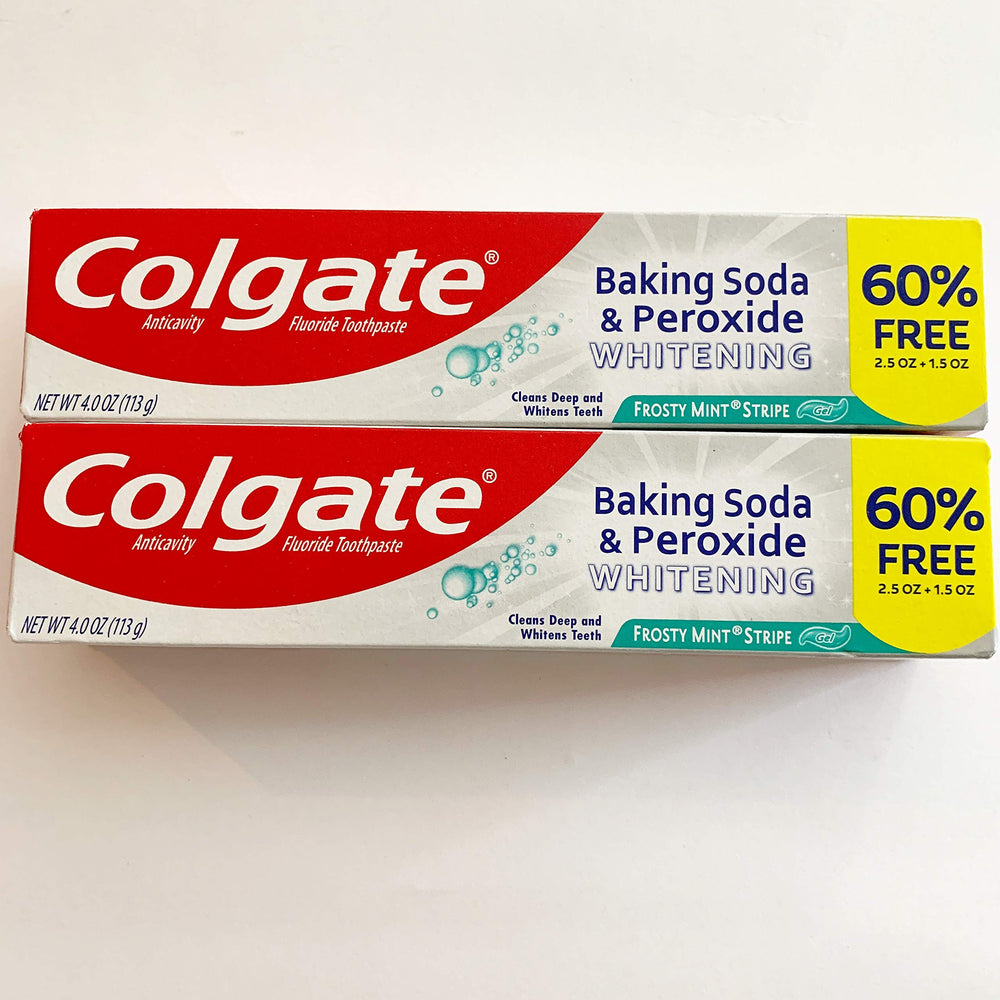 Colgate Baking Soda & Peroxide Whitening toothpaste Frosty Mint Stripe 4 oz bottle and tube