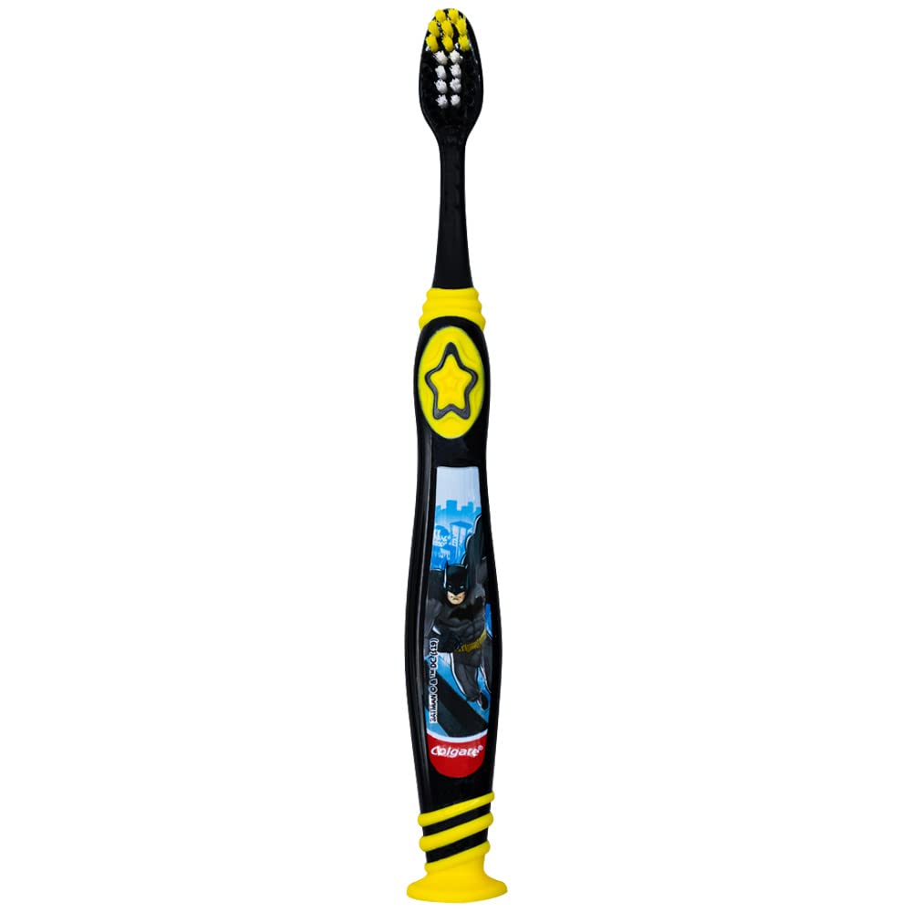 Suction cup base on Colgate Batman toothbrush for upright storage