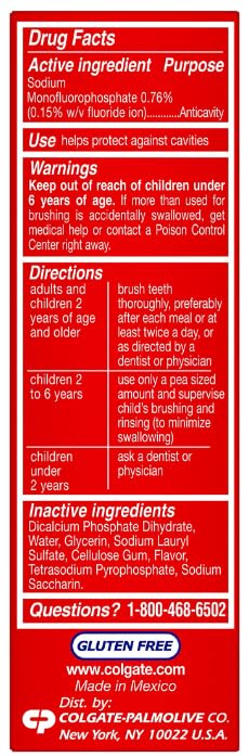 Ingredients of Colgate Cavity Protection Toothpaste with Fluoride