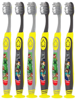 Pack of 6 Colgate Kids Minecraft Toothbrushes with extra soft bristles and suction cup for children 5+ years
