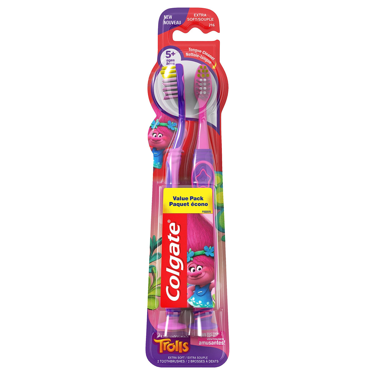 Colgate Kids Trolls Extra Soft Toothbrush 4-pack with suction cup upright storage