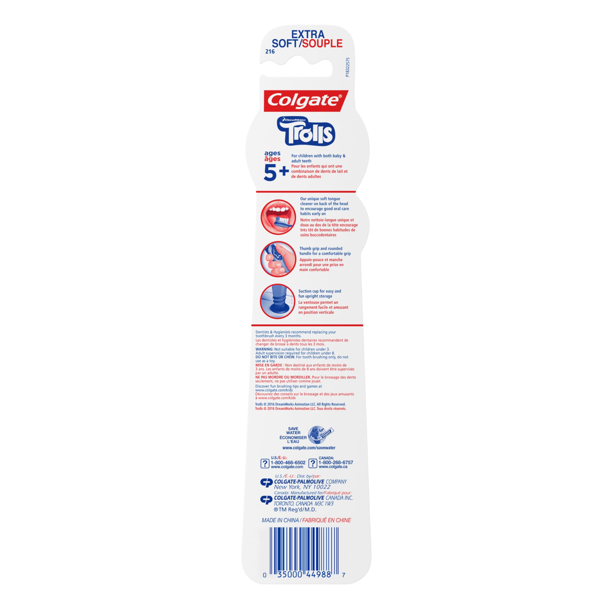 Close-up of Colgate Kids Trolls Extra Soft Toothbrush showing soft tongue cleaner