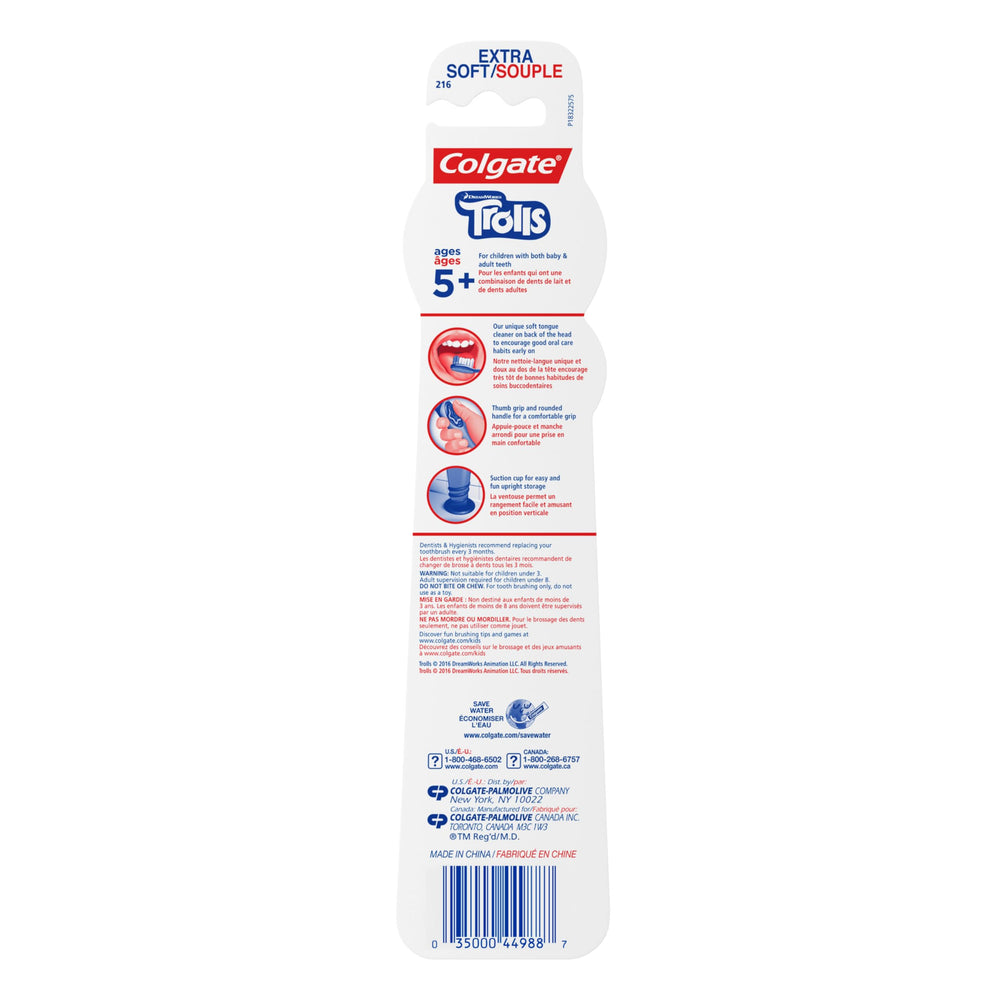 Close-up of Colgate Kids Trolls Extra Soft Toothbrush showing soft tongue cleaner