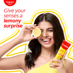 Tube of Colgate Lemon Fresh Gel Toothpaste with lemon garnish