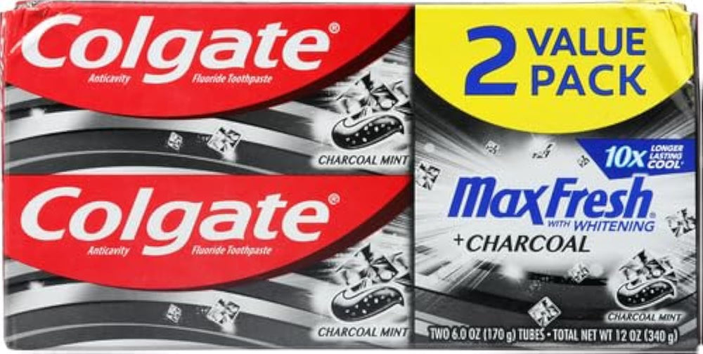 Colgate Max Fresh Charcoal Mint toothpaste two-pack box