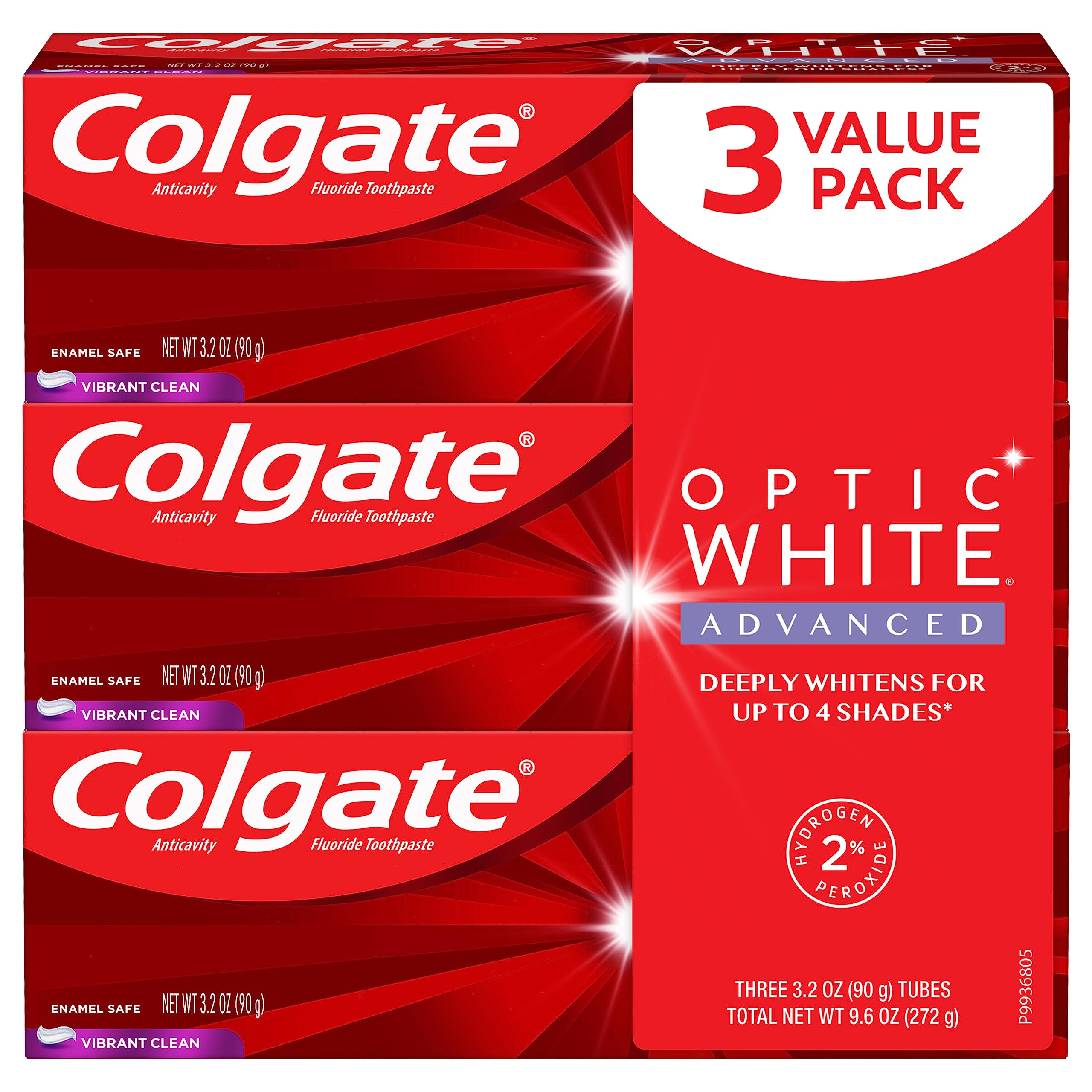 Colgate Optic White Advanced Vibrant Clean toothpaste front view with 3-pack 3.2 oz tubes