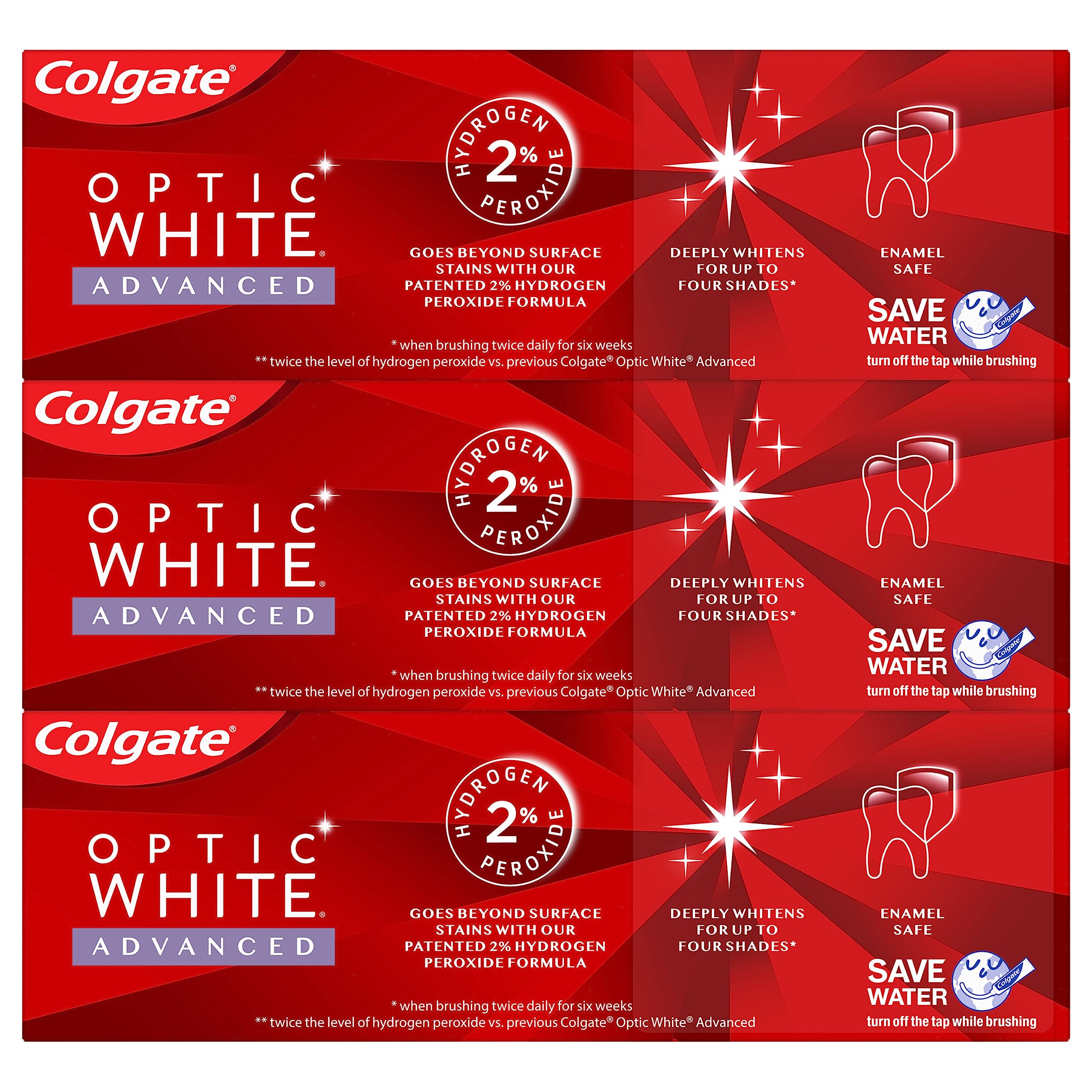 Three tubes of Colgate Optic White Advanced Vibrant Clean toothpaste