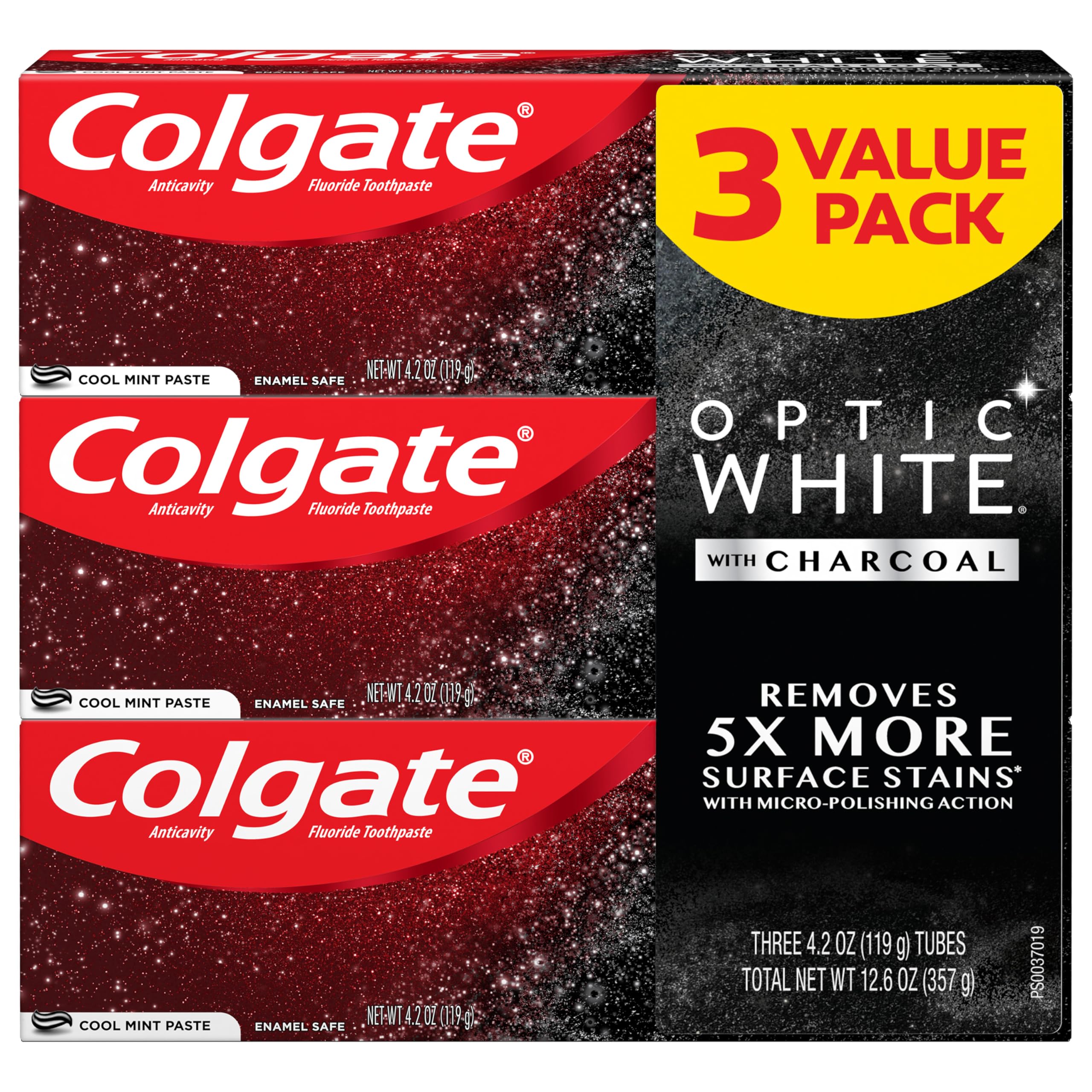 Three 4.2 oz Colgate Optic White with Charcoal toothpaste tubes in Cool Mint flavor