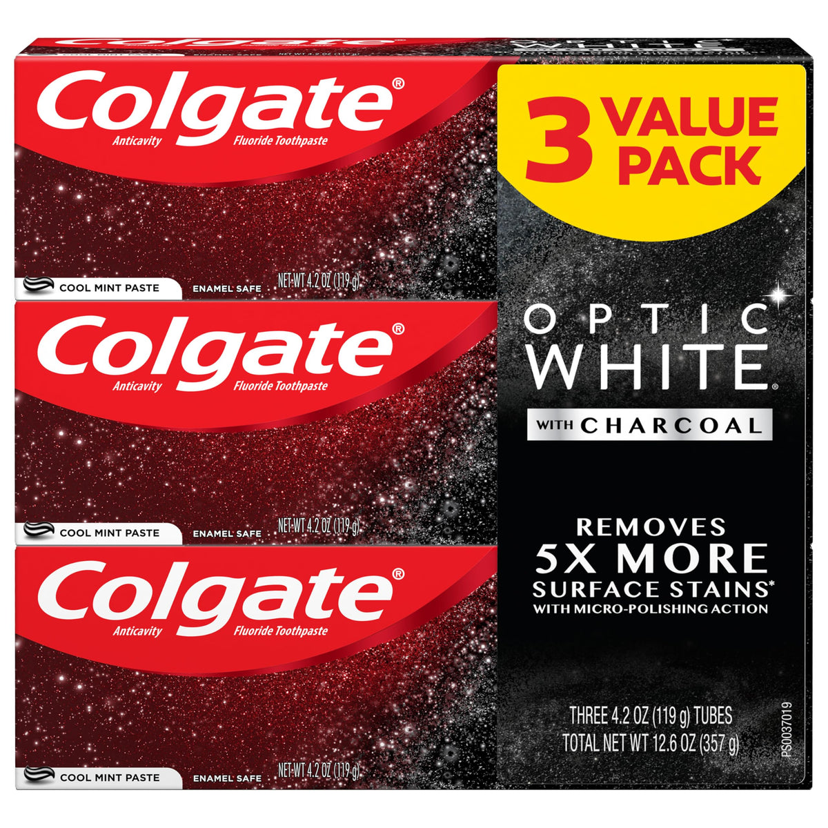 Three 4.2 oz Colgate Optic White with Charcoal toothpaste tubes in Cool Mint flavor