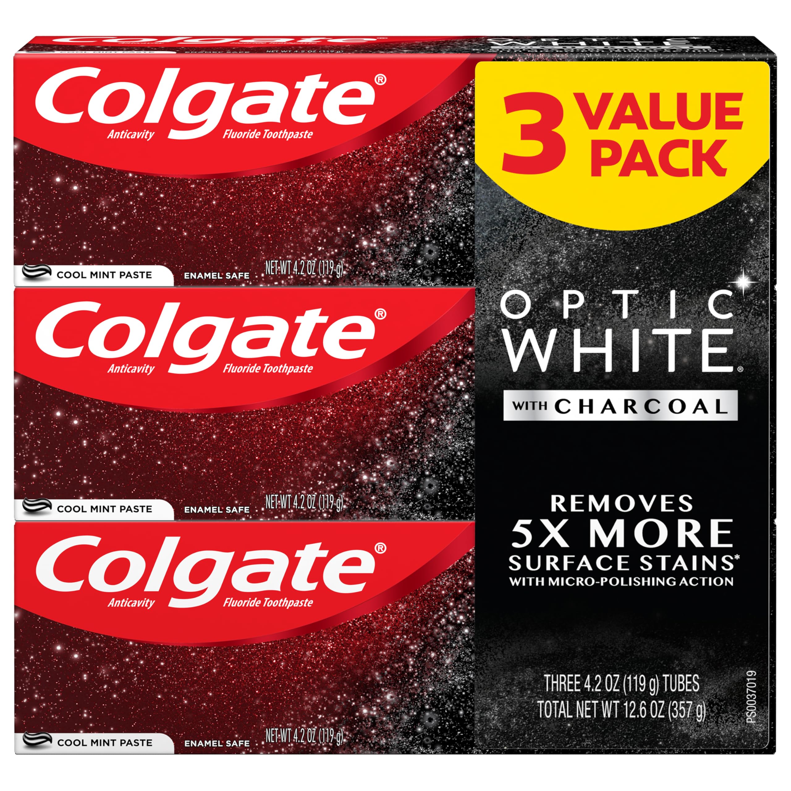 Close-up of Colgate Optic White with Charcoal toothpaste tube