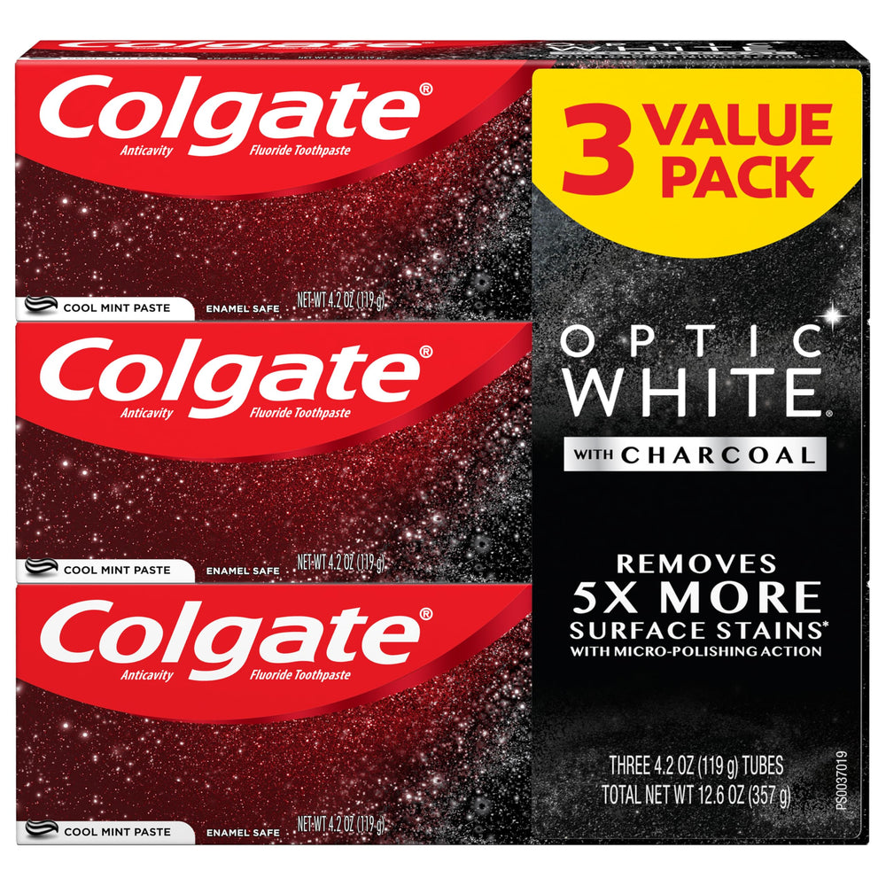 Close-up of Colgate Optic White with Charcoal toothpaste tube