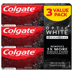 Close-up of Colgate Optic White with Charcoal toothpaste tube