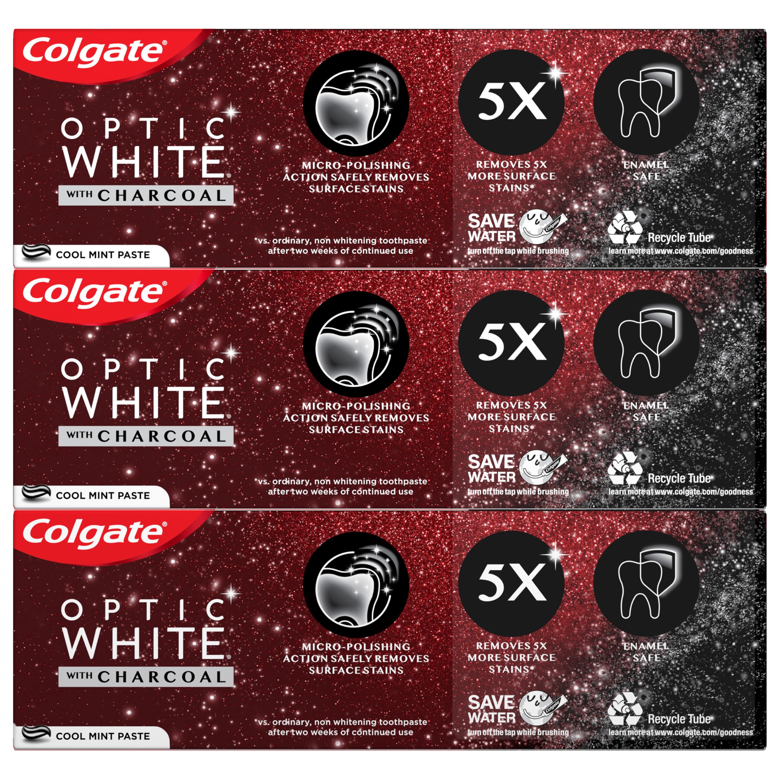 Front view of Colgate Optic White with Charcoal toothpaste tubes
