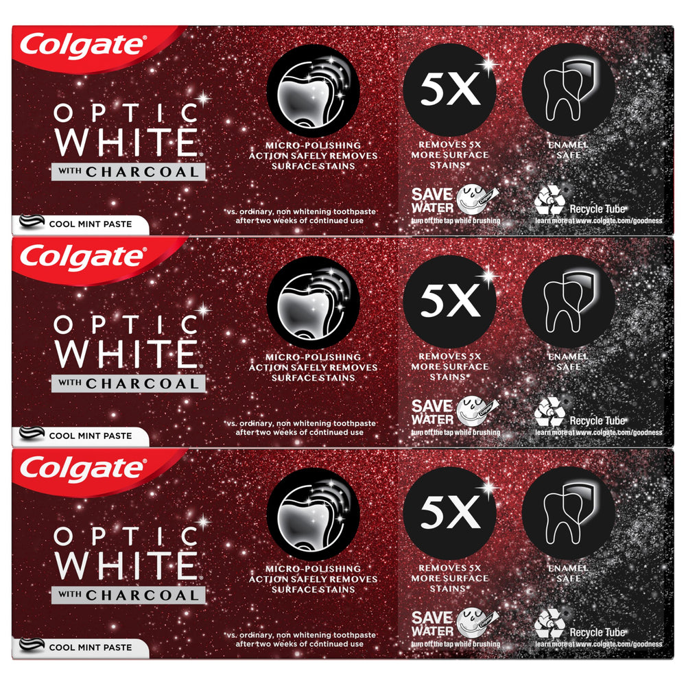 Front view of Colgate Optic White with Charcoal toothpaste tubes