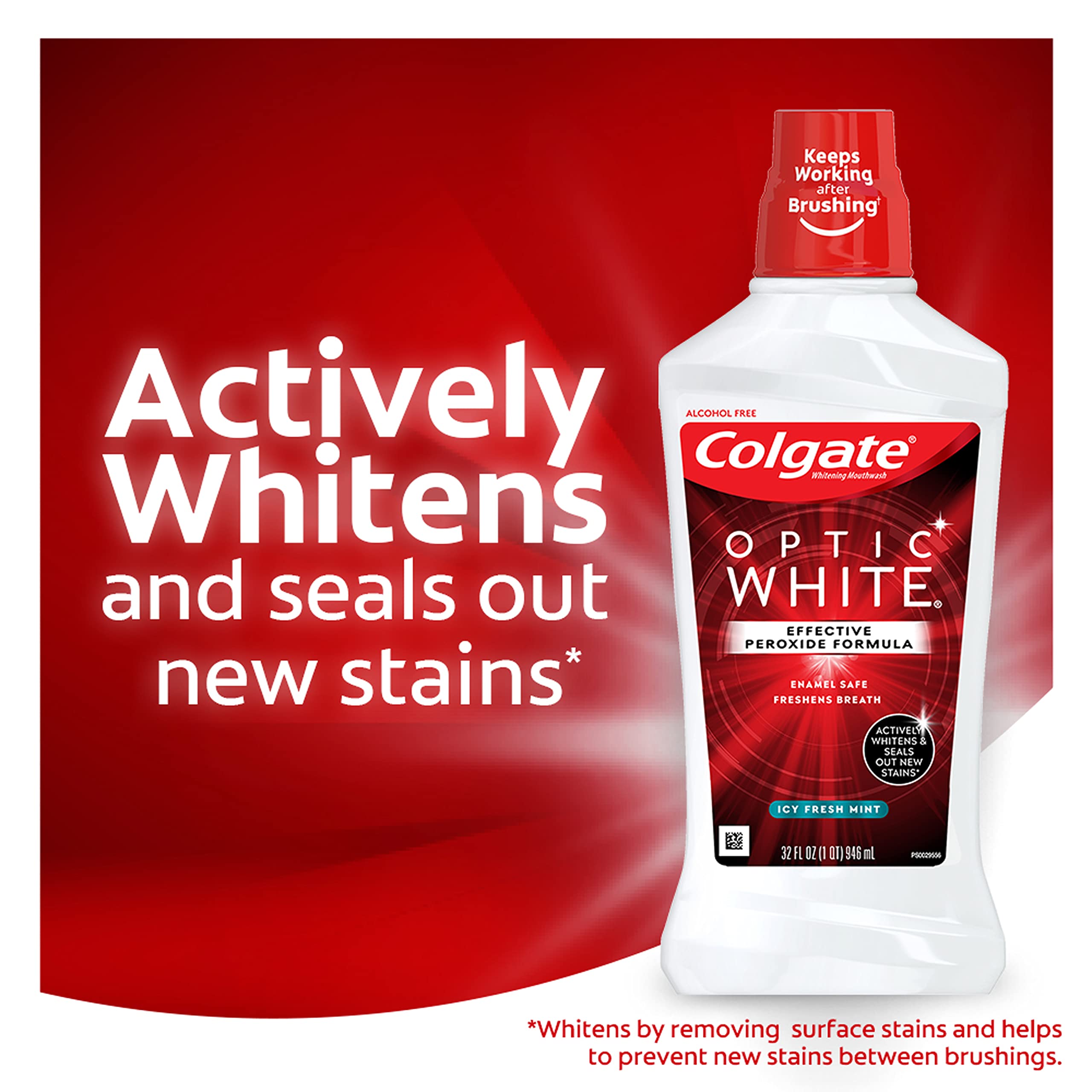 Colgate Optic White Mouthwash Fresh Mint 946 mL 3-pack bottle back label