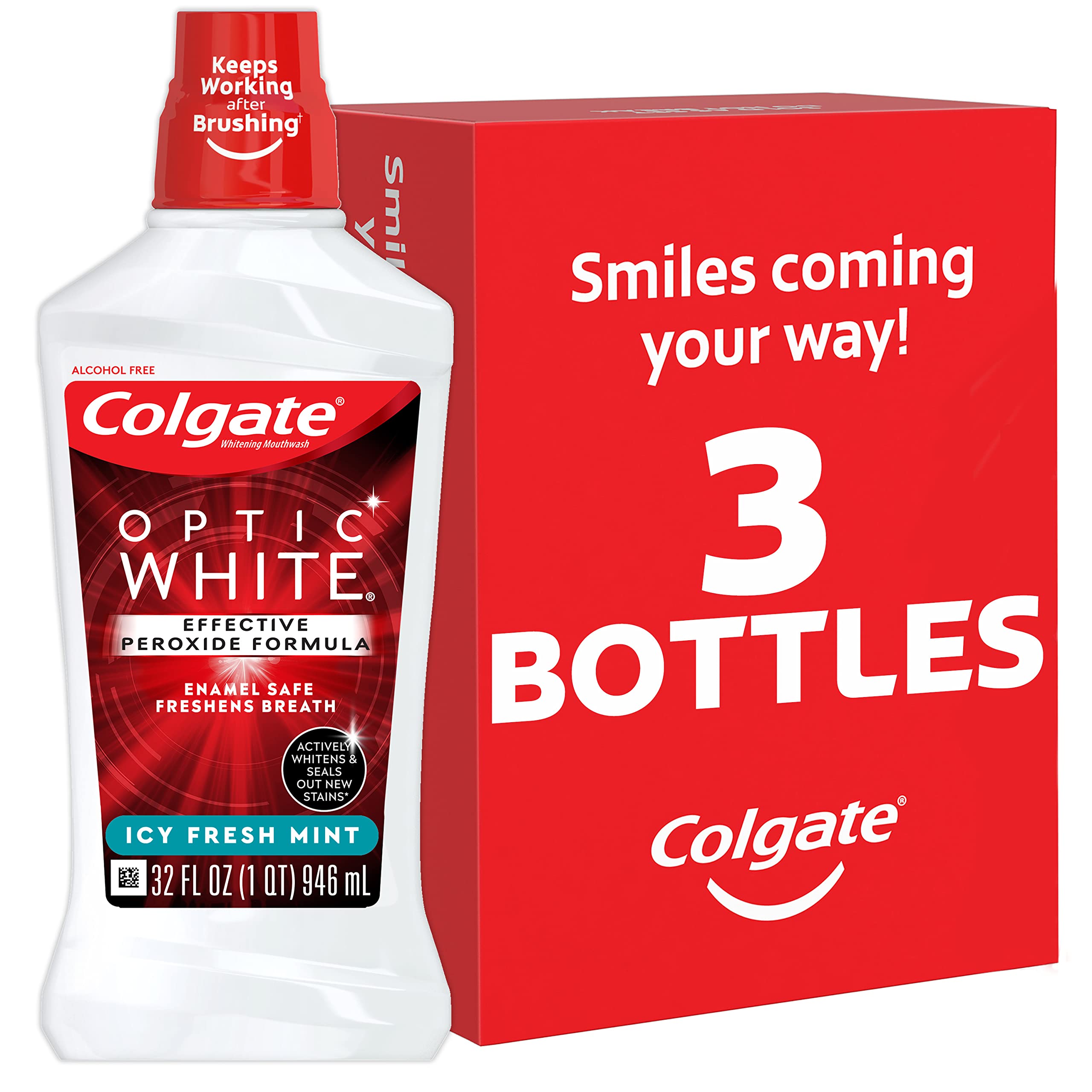 Colgate Optic White Mouthwash Fresh Mint 946 mL 3-pack bottle front view