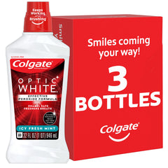 Colgate Optic White Mouthwash Fresh Mint 946 mL 3-pack bottle front view