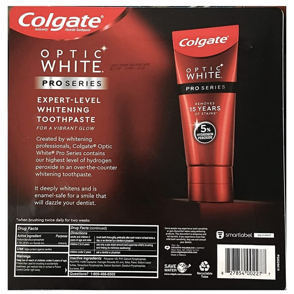 Colgate Optic White Pro Series Stain Shield packaging and 4 tubes