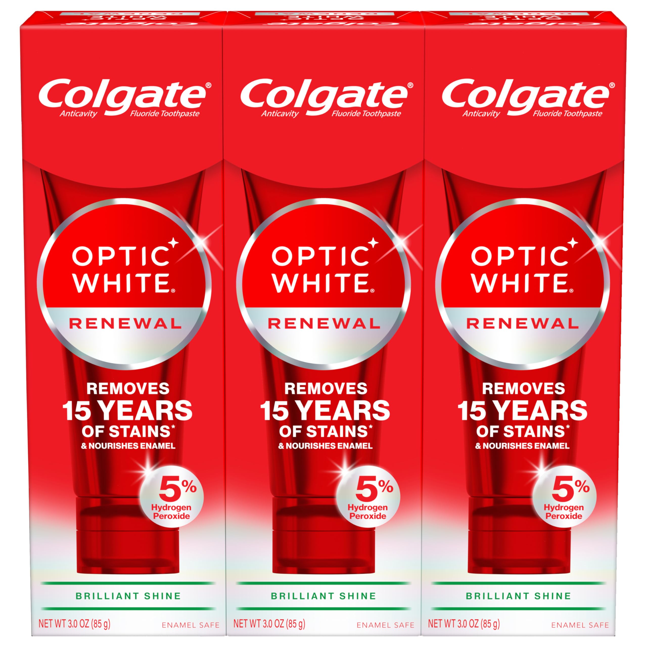 Front view of Colgate Optic White Renewal 3-pack packaging