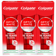Front view of Colgate Optic White Renewal 3-pack packaging