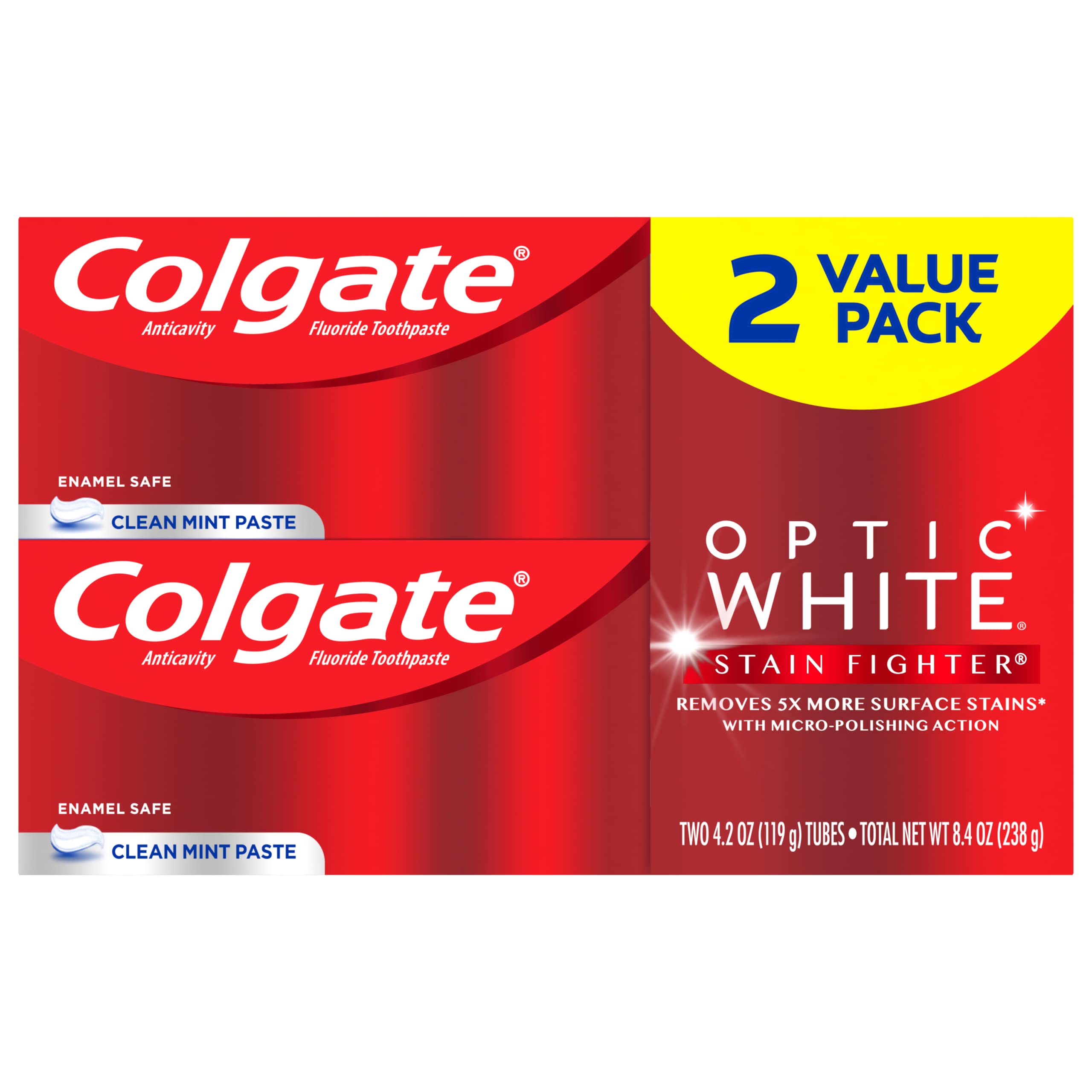 Colgate Optic White Stain Fighter toothpaste, 2-pack, 4.2 oz tubes, Clean Mint flavor.