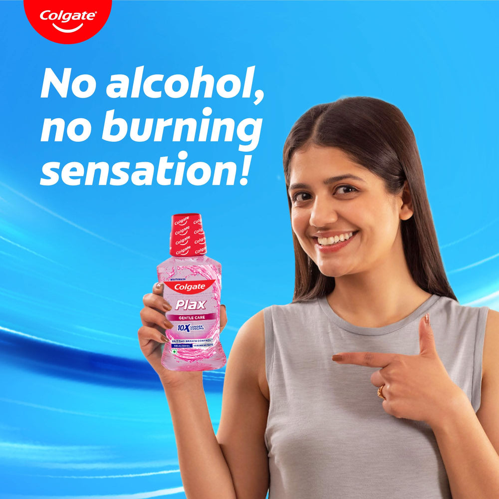 Colgate Plax Sensitive packaging and bottle on white backdrop