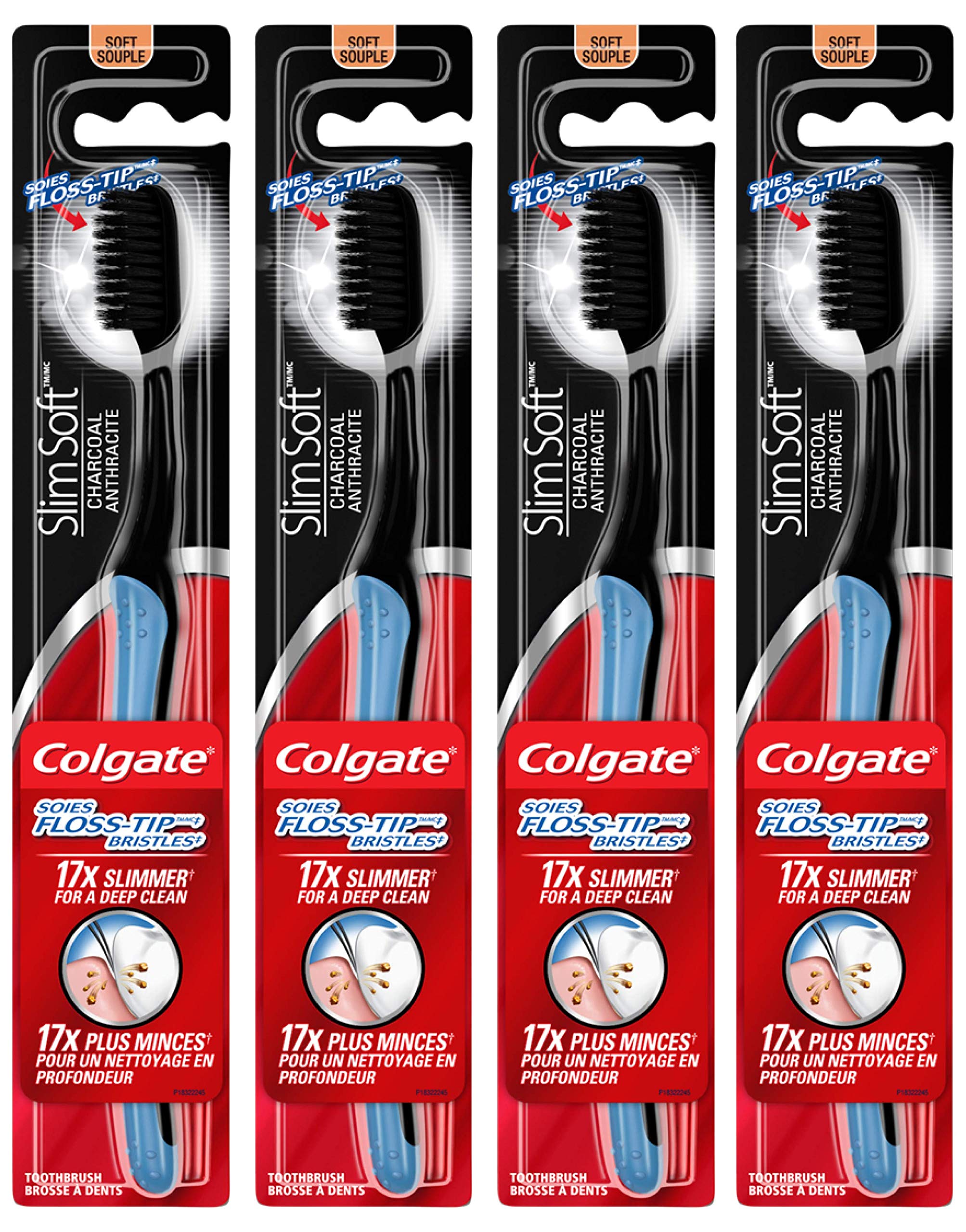 Close-up of Colgate Slimsoft Charcoal Toothbrush with 17x slimmer tip bristles