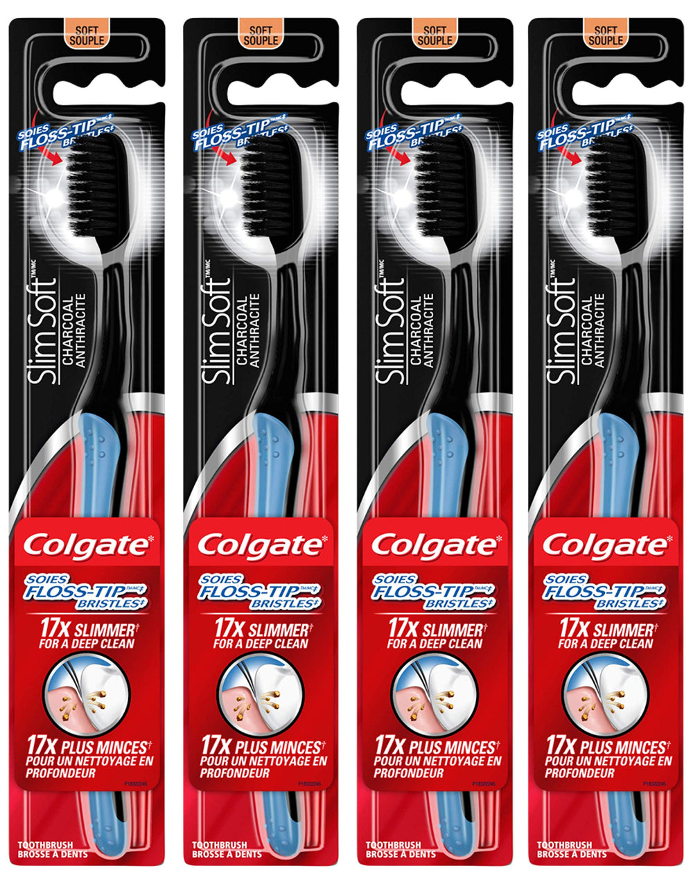 Close-up of Colgate Slimsoft Charcoal Toothbrush with 17x slimmer tip bristles