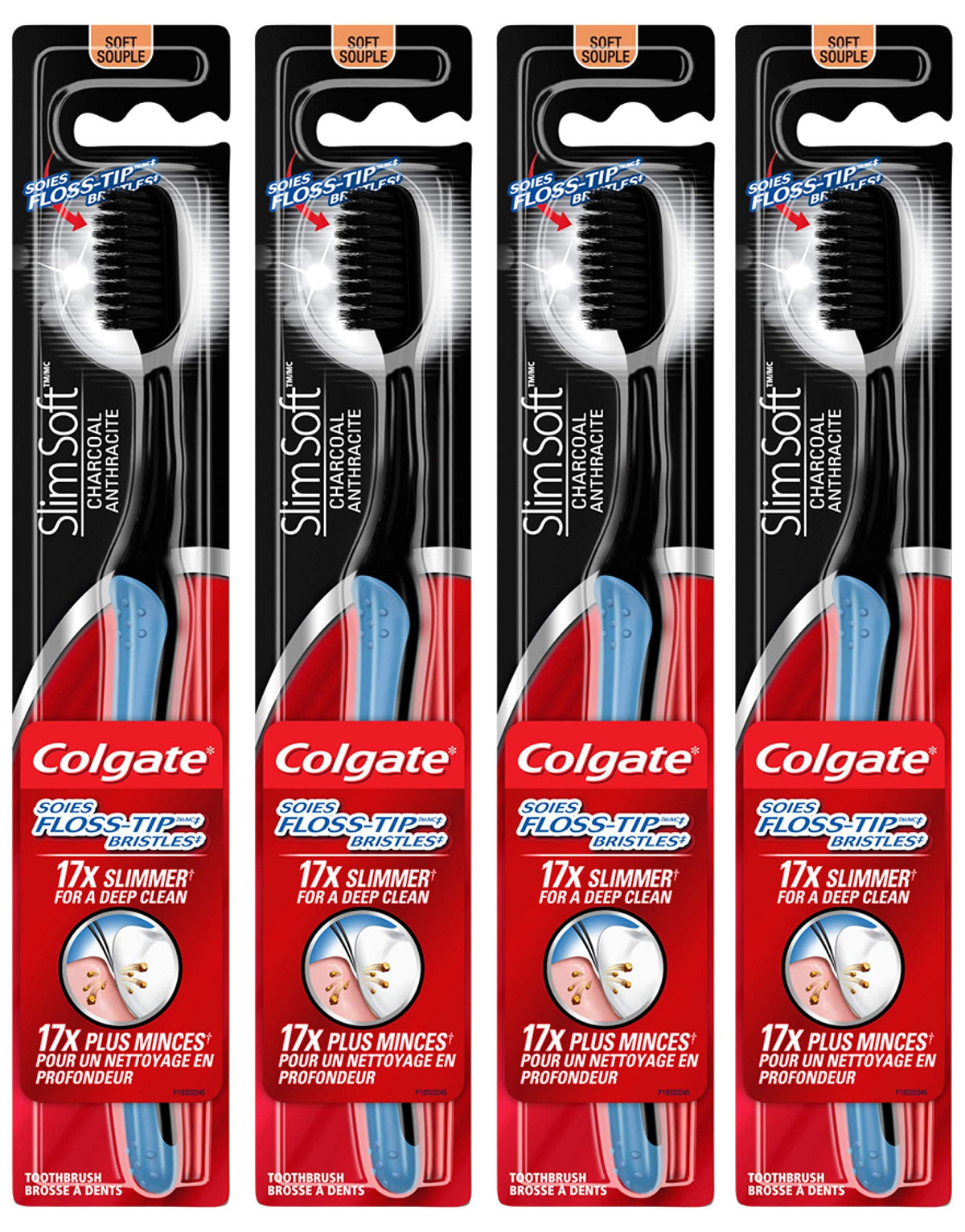 Close-up of Colgate Slimsoft Charcoal Toothbrush with 17x slimmer tip bristles