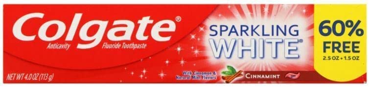 Close-up of Colgate Sparkling White Cinnamint tube packaging