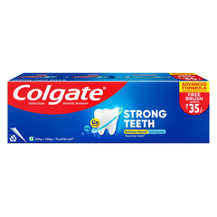 Front view of Colgate Strong Teeth Saver Pack with toothpaste and toothbrush